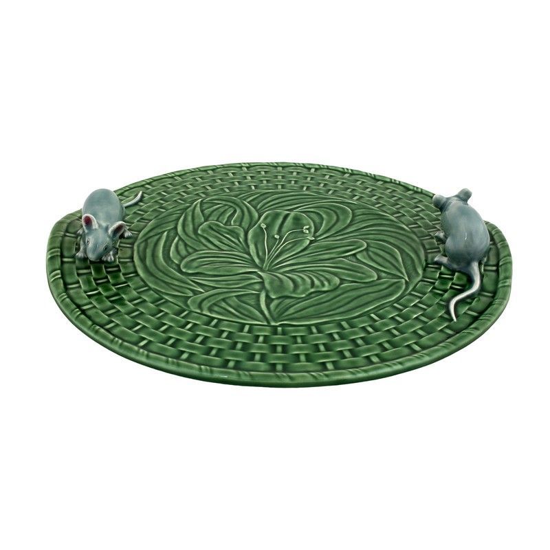 Quesera de loza en verde y gris, Ø 31,5 x 5 cm | Queseras