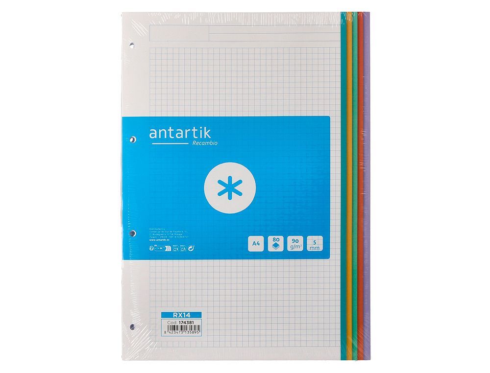 Recambio antartik A4 80 hojas 90gr cuadro 5 mm 4 taladros bandas de 5 colores pasteles