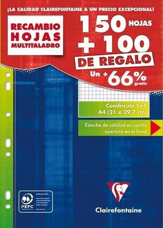 Recambio clairefontaine, 100 hojas+150 gratis