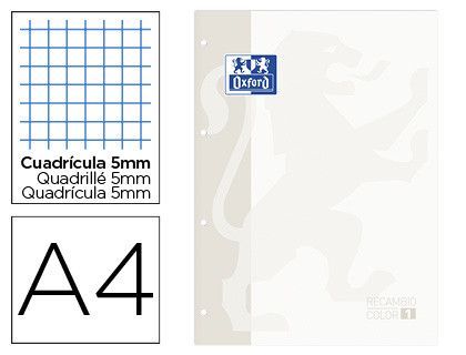Recambio color oxford din a4 80 hojas cuadro 5 mm 4 taladros blanco