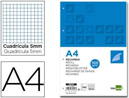 Recambio Liderpapel A4 100 Hojas 100 G/M2 Cuadro 5 mm 4 Taladros Bandas de 5 Colores