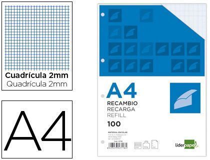 Recambio Liderpapel A4 100 Hojas 100G/M2 Cuadro 2Mm con Margen 4 Taladros