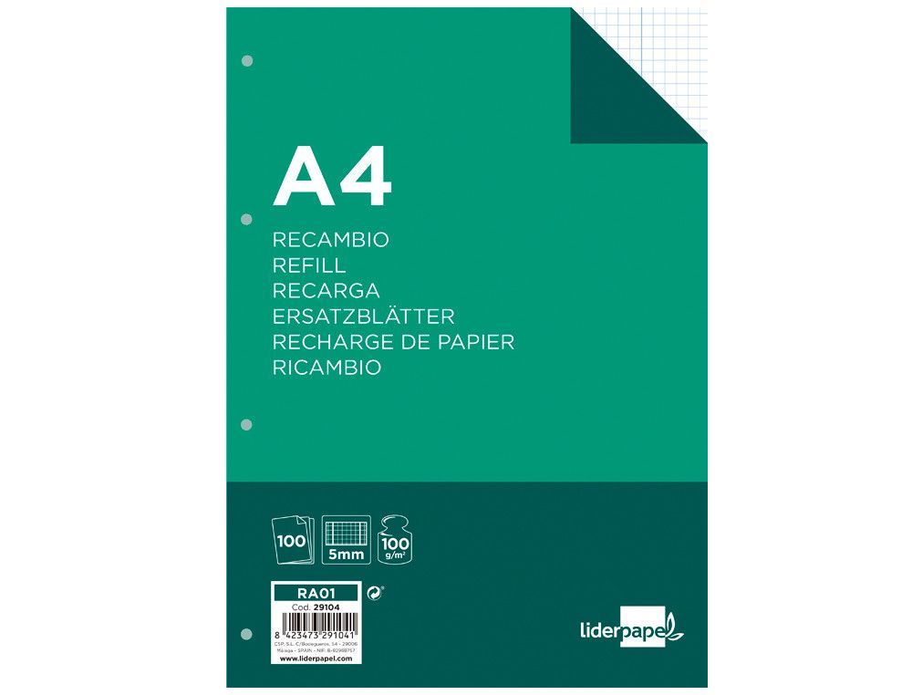 Recambio liderpapel a4 100 hojas 100g/m2 cuadro 5mm con margen 4 taladros
