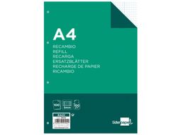 Recambio liderpapel a4 100 hojas 100g/m2 cuadro 5mm con margen 4 taladros