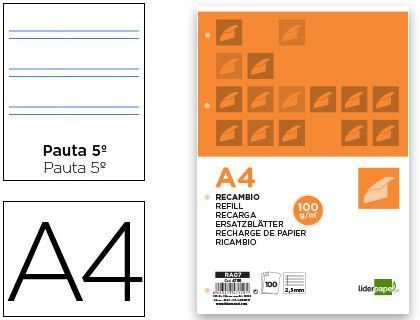 Recambio Liderpapel A4 100 Hojas 100G/M2 Pauta 5ª 2.5Mm con Margen 4 Taladros