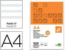 Recambio Liderpapel A4 100 Hojas 100G/M2 Pauta 5ª 2.5Mm con Margen 4 Taladros