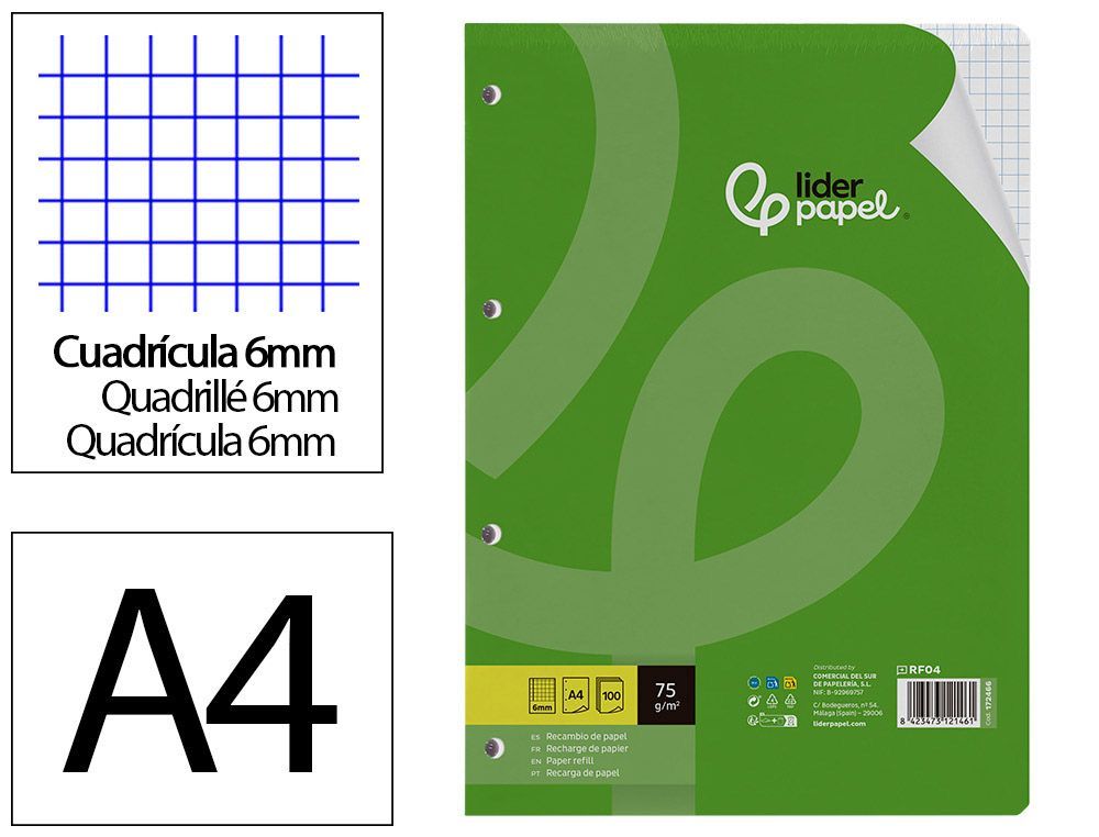 Recambio liderpapel A4 100 hojas 75gr cuadro 6mm 4 taladros con margen