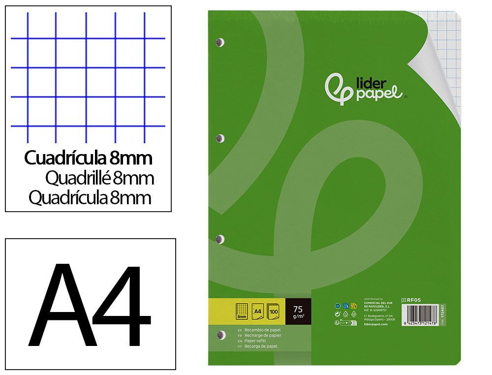 Recambio liderpapel A4 100 hojas 75gr cuadro 8mm con margen 4 taladros