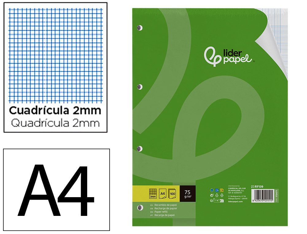 Recambio liderpapel A4 100 hojas 75gr milimetrado 2 mm sin margen 4 taladros
