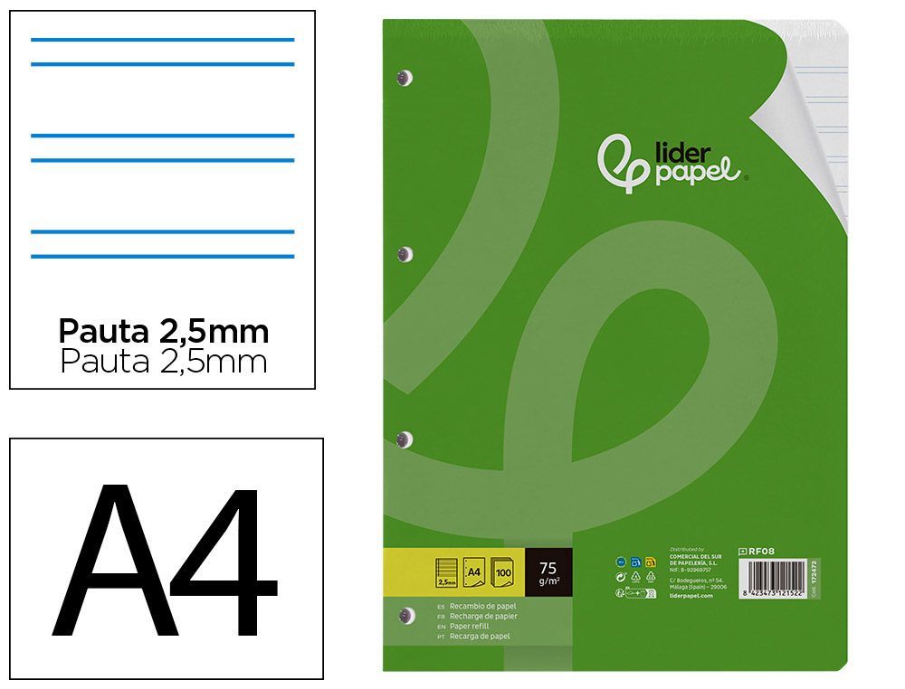 Recambio liderpapel A4 100 hojas 75gr pauta 5 2.5mm con margen 4 taladros