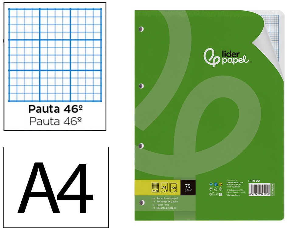 Recambio liderpapel A4 100 hojas 75gr rayado nş46 4 taladros