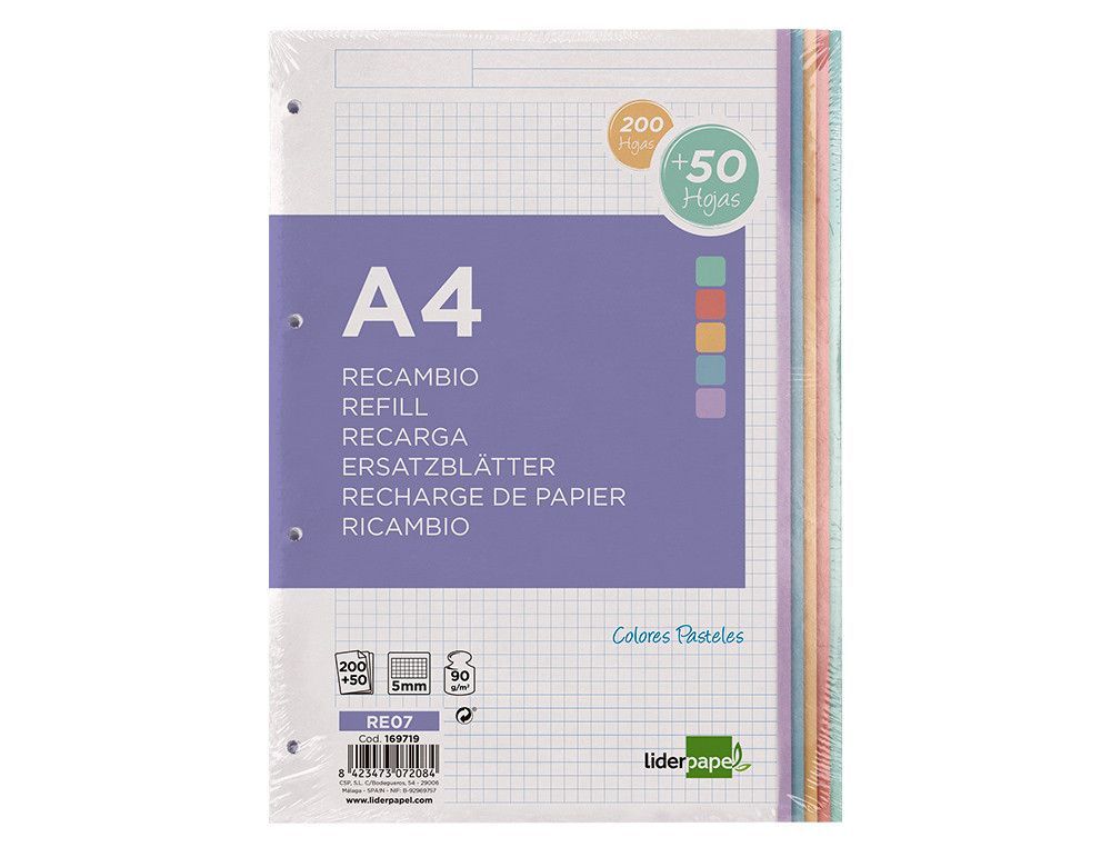Recambio liderpapel a4 200+50 hojas 90g/m2 cuadro 5 mm 4 taladros bandas de 5 colores