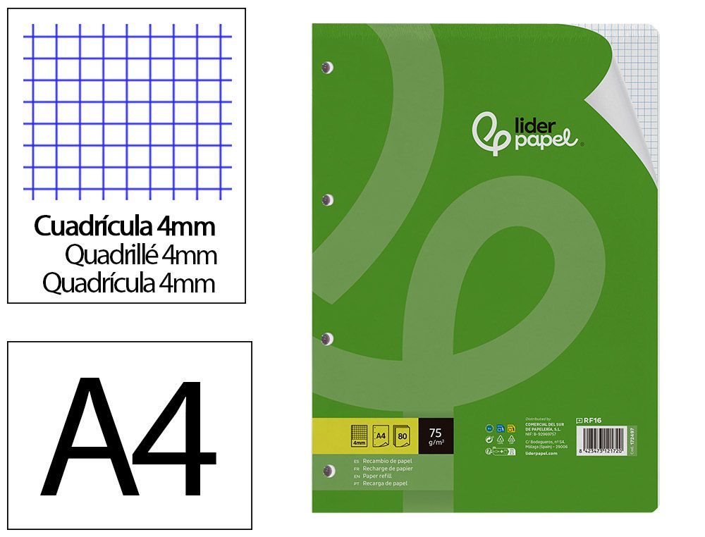 Recambio liderpapel A4 80 hojas 75gr cuadro 4 mm con margen 4 taladros