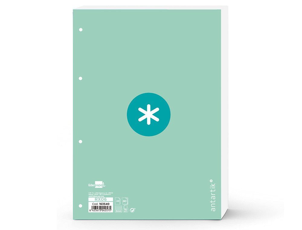 Recambio liderpapel a4 antartik 80 hojas 90g/m2 cuadro 5 mm 4 taladros 1 banda marco color menta