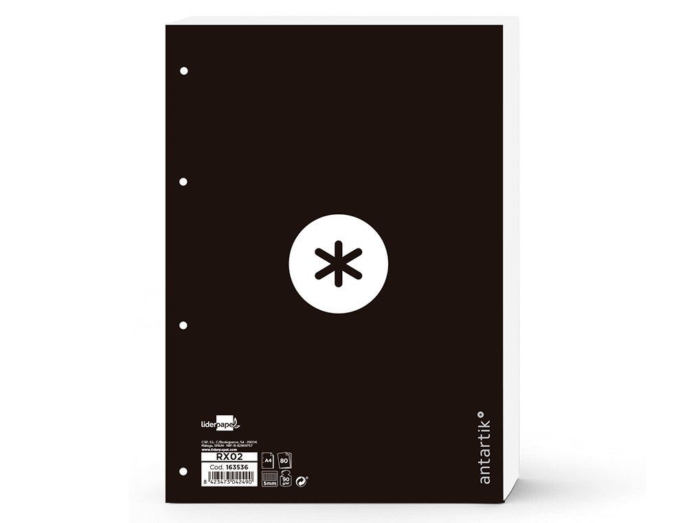 Recambio liderpapel a4 antartik 80 hojas 90g/m2 cuadro 5 mm 4 taladros 1 banda marco color negro