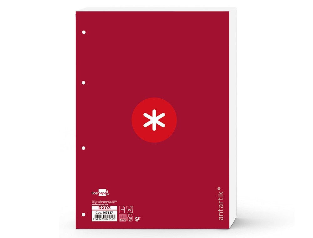Recambio liderpapel a4 antartik 80 hojas 90g/m2 cuadro 5 mm 4 taladros 1 banda marco color frambuesa