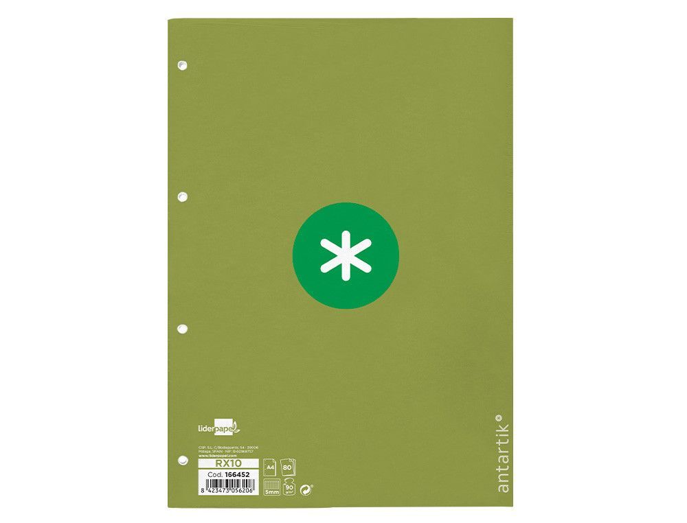Recambio liderpapel a4 antartik 80 hojas 90g/m2 cuadro 5mm 4 taladros 1 banda con marco color verde