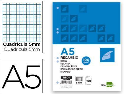 Recambio Liderpapel A5 100 Hojas 100G/M2 Cuadro 5Mm con Margen 6 Taladros