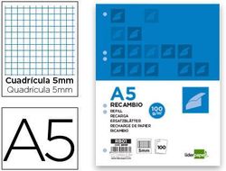 Recambio Liderpapel A5 100 Hojas 100G/M2 Cuadro 5Mm con Margen 6 Taladros