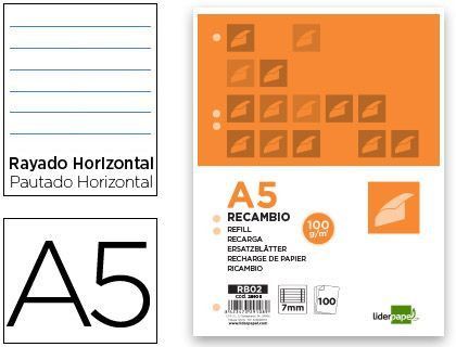 Recambio Liderpapel A5 100 Hojas 100G/M2 Horizontal con Margen 6 Taladros