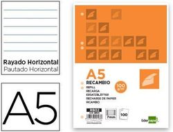 Recambio Liderpapel A5 100 Hojas 100G/M2 Horizontal con Margen 6 Taladros