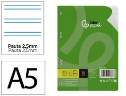 Recambio liderpapel A5 100 hojas 75gr pauta 5 2.5mm con margen 6 taladros
