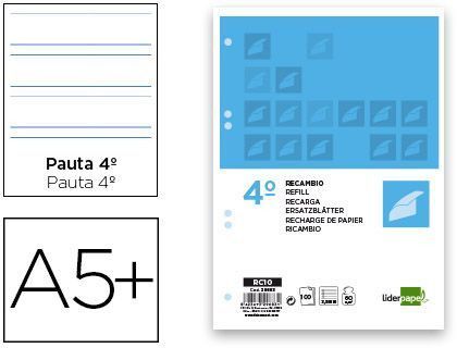 Recambio Liderpapel Cuarto 100 Hojas 60G/M2 Pauta 4ª 3.5Mm con Margen 6 Taladros