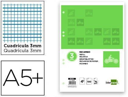 Recambio Liderpapel Cuarto Pautaguia 100 Hojas 70 G Cuadriculado Pautado 3 mm con Margen 6 Taladros