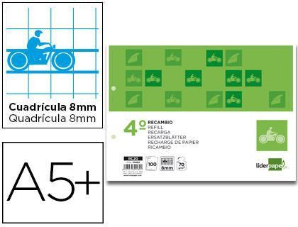 Recambio Liderpapel Cuarto Pautaguia 100 Hojas 70 G Cuadriculado Pautado 8 mm con Margen 2 Taladros Apaisado