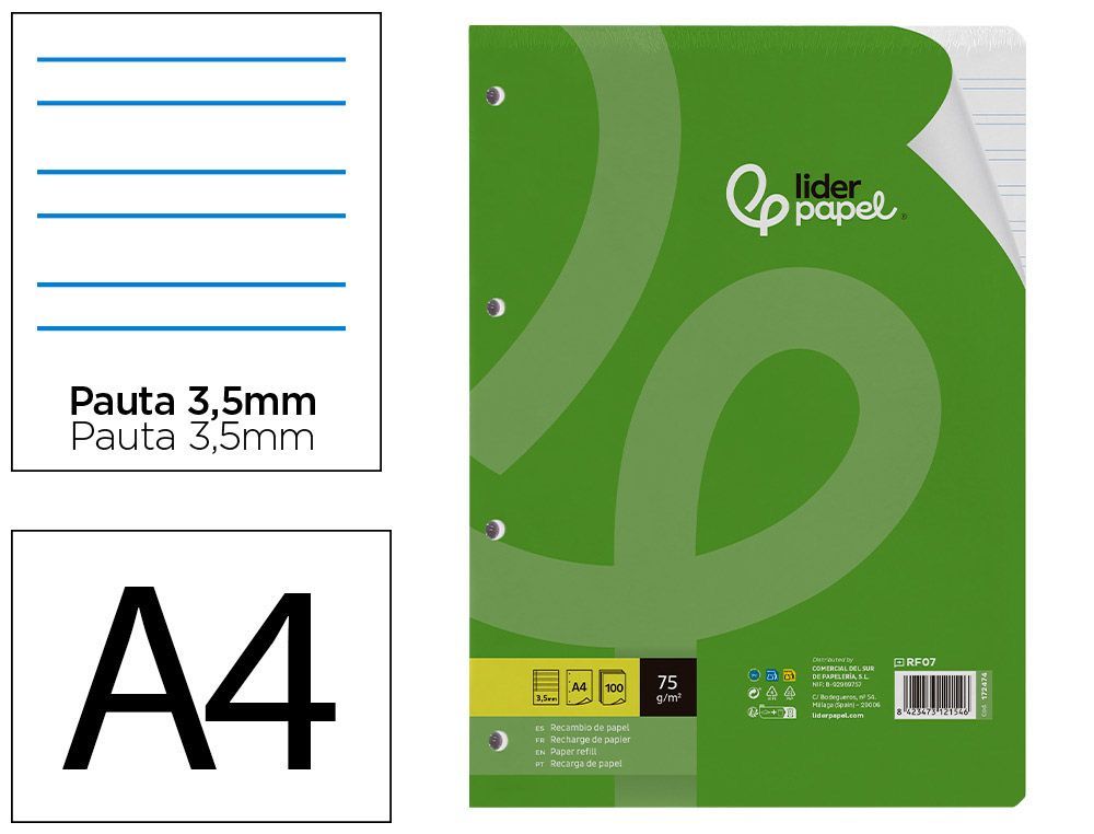 Recambio liderpapel din A4 100 hojas 75 gr pauta 4 3.5mm con margen 4 taladros