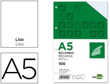 Recambio Liderpapel Din-A5 100 H Liso 6 Taladros con Margen Papel 100 Gramos