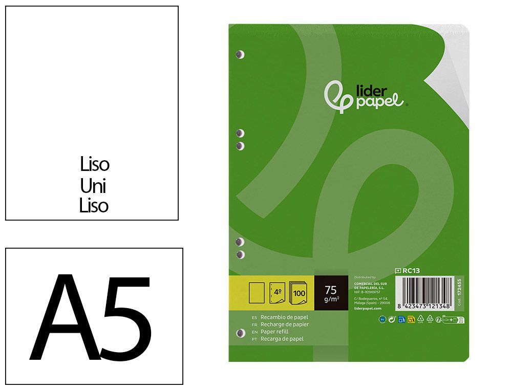 Recambio liderpapel din A5 100 hojas 75 gr liso sin margen 6 taladros
