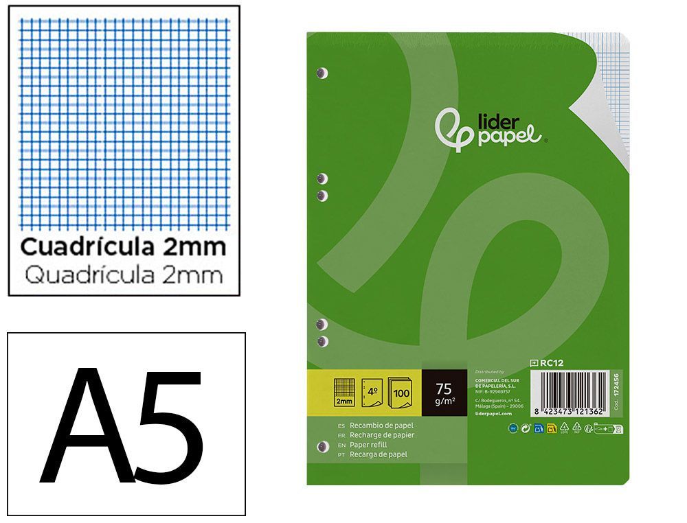Recambio liderpapel din A5 100 hojas 75 gr milimetrado sin margen 6 taladros