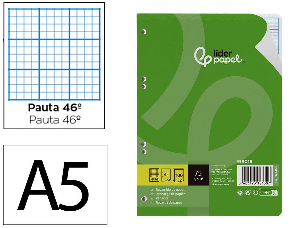 Recambio liderpapel din A5 100 hojas 75gr rayado nş 46 6 taladros