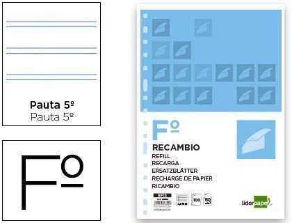 Recambio Liderpapel Folio 100 Hojas 60G/M2 Pauta 5ª 2.5Mm con Margen 16 Taladros