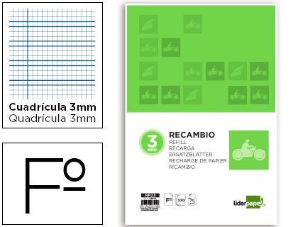 Recambio Liderpapel Folio Pautaguia 100 Hojas 80 G Cuadriculado Pautado 3 mm con Margen 4 Taladros
