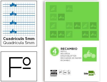 Recambio Liderpapel Folio Pautaguia 100 Hojas 80 G Cuadriculado Pautado 5 mm con Margen 4 Taladros