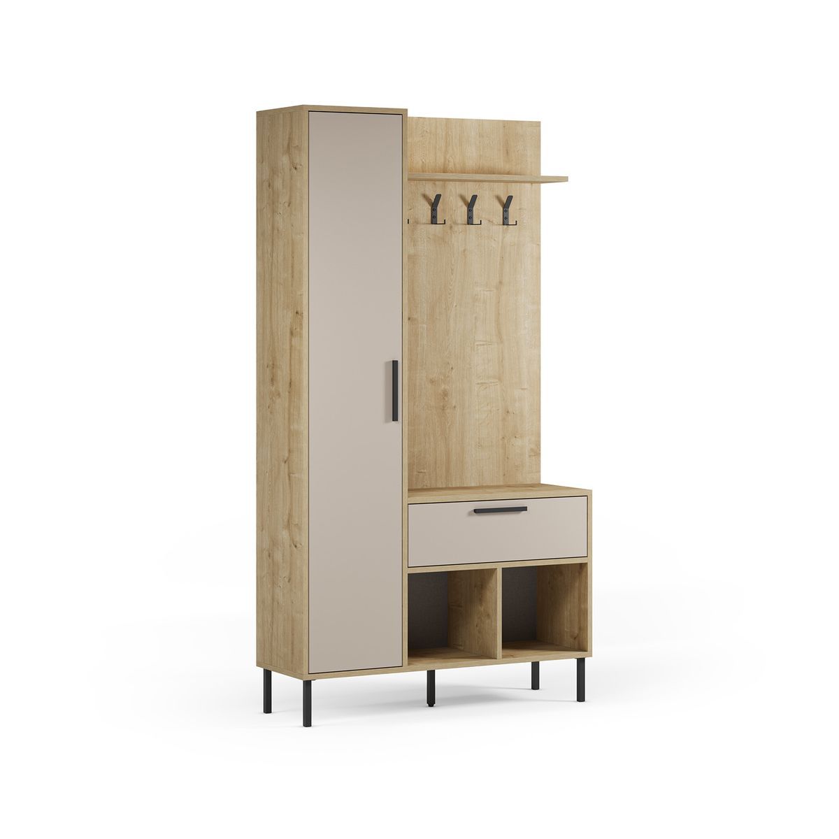 Recibidor de madera y metal en color roble y crema, 108 x 35 x 195,3 cm | Heidy