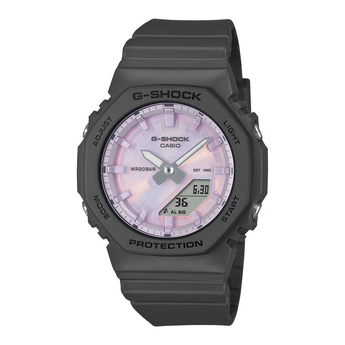 Reloj Casio G-Shock GMA-P2100 en color gris con esfera lila polarizado