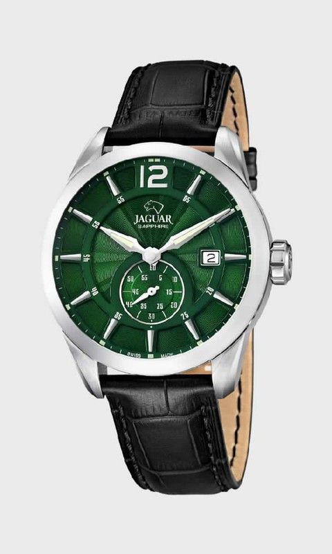 Reloj de hombre Jaguar con correa de piel negra, esfera verde y cristal zafiro