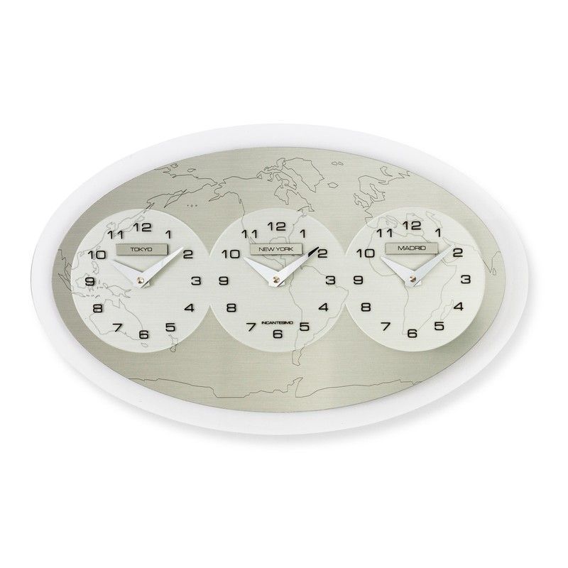 Reloj de pared Tre Ore nel Mondo de metacriltato plata (Tokyo - New York - Madrid), 45x28 cm
