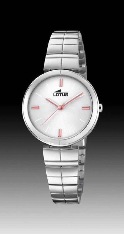 Reloj lotus de mujer en acero con esfera blanca y signos rosados