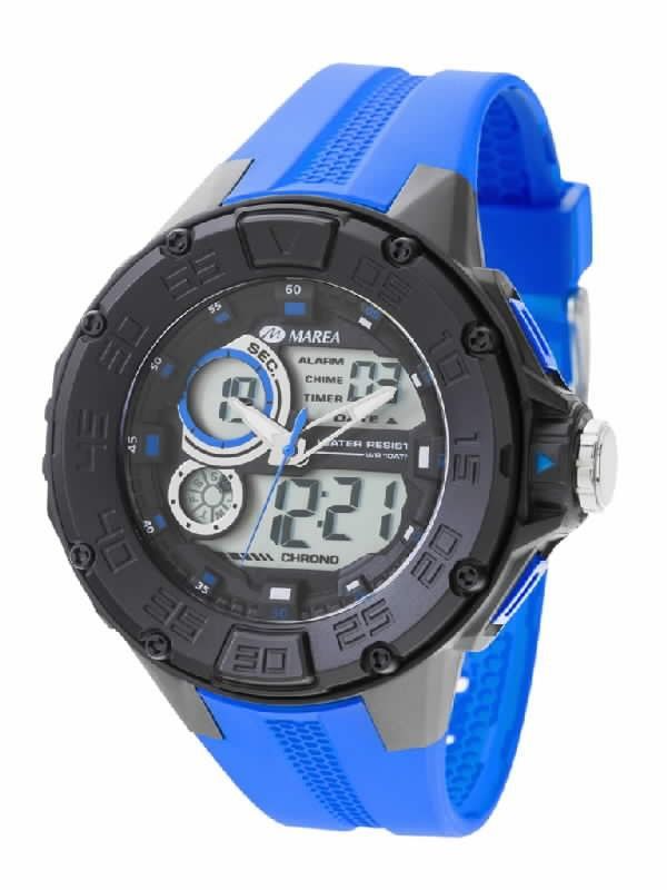 Reloj marea de hombre analógico y digital con correa azul.