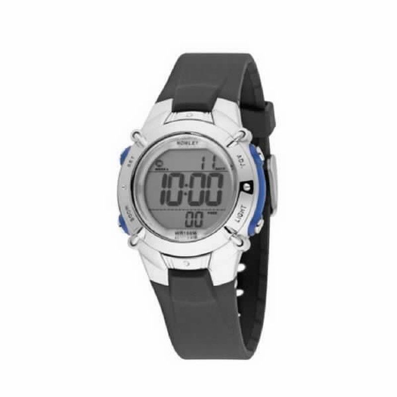 Reloj nowley digital de niño con correa de silicona negra y motivo azul en caja