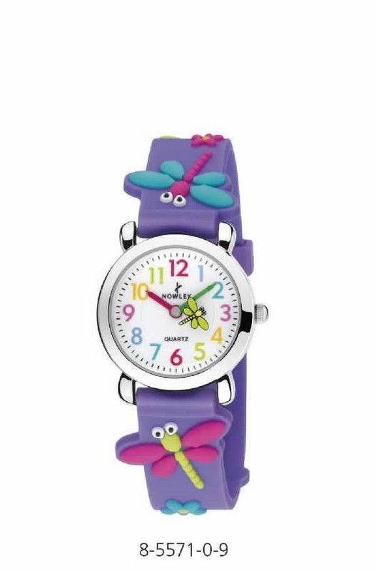 Reloj nowley infantil con correa de silicona lila decorada con libélulas