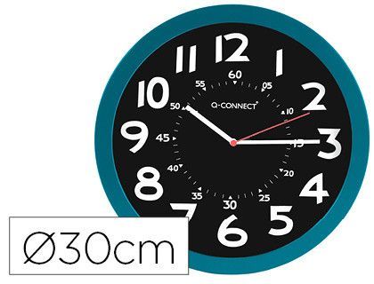 Reloj q-connect de pared plastico oficina redondo 30 cm color azul y esfera color negro