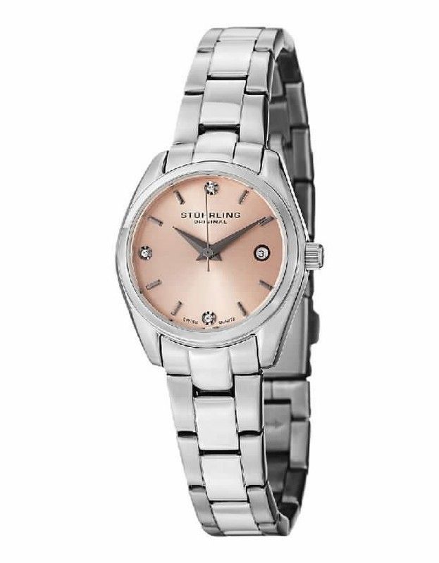 Reloj stührling de mujer en acero con esfera rosada.