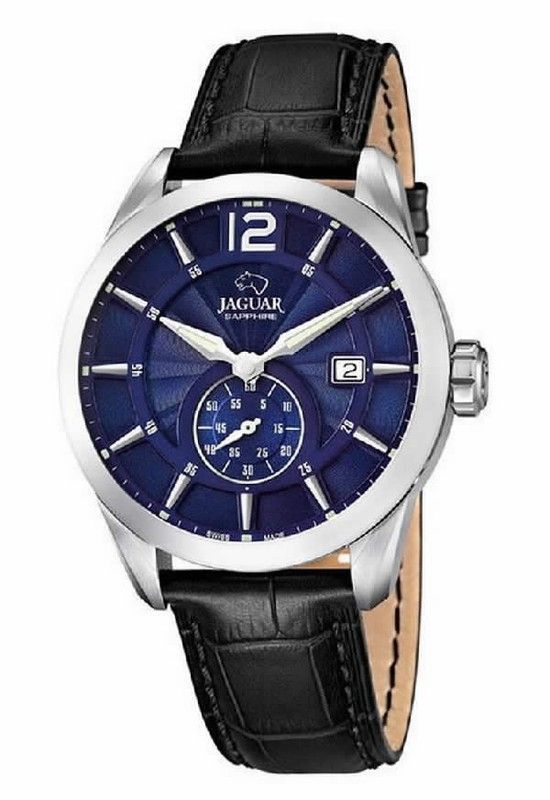 Reloj suizo jaguar con cristal zafiro, esfera azul y correa de piel negra