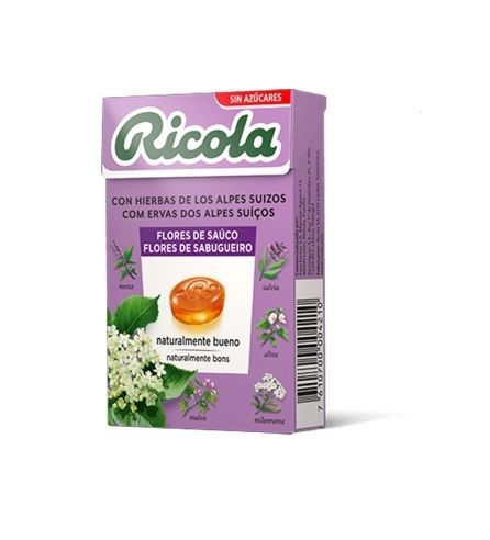 Ricola – Flor de Saúco, Caramelos Duros, Refresca y Alivia la Garganta y las Vías Respiratorias, con Flor de Saúco, 13 Hierbas Suizas y Aceites Esenciales, Sin Azúcar, con Edulcorante - Caja 50 g