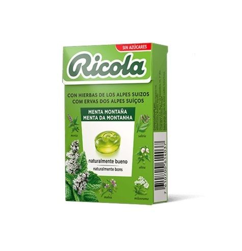 Ricola – Menta Montaña, Caramelos Duros, Refresca y Alivia la Garganta y las Vías Respiratorias, con Extracto de Menta, 13 Hierbas Suizas y Aceites Esenciales, Sin Azúcar, con Edulcorante - Caja 50 g